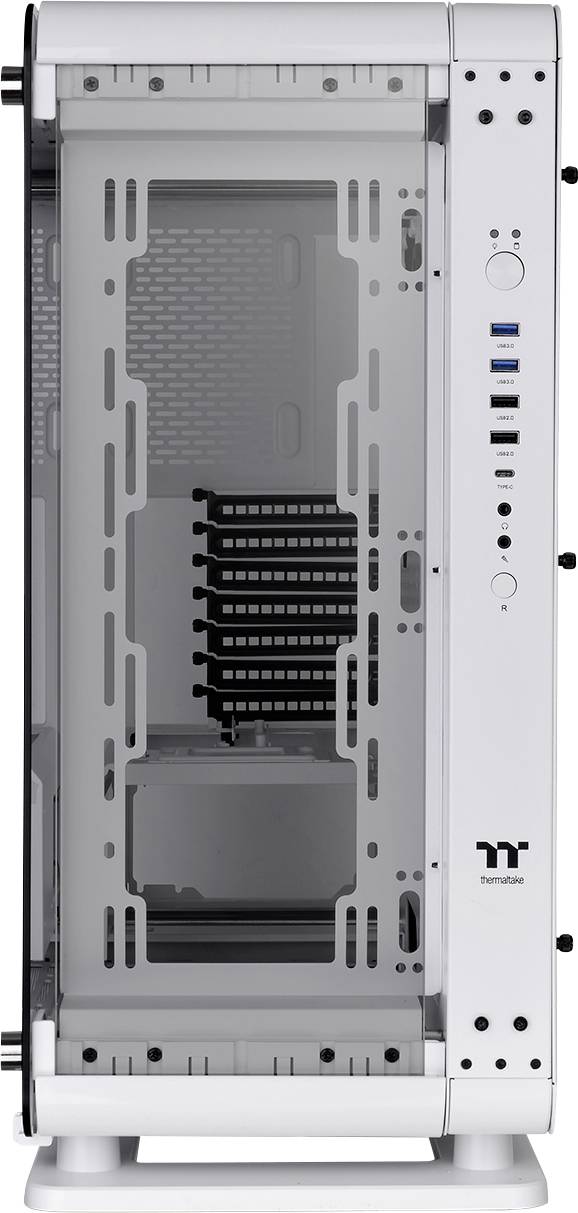 Ein weißes Computergehäuse mit mehreren USB-Anschlüssen, transparenten Seitenteilen und Belüftungsschlitzen. Kein Inhalt im Inneren.