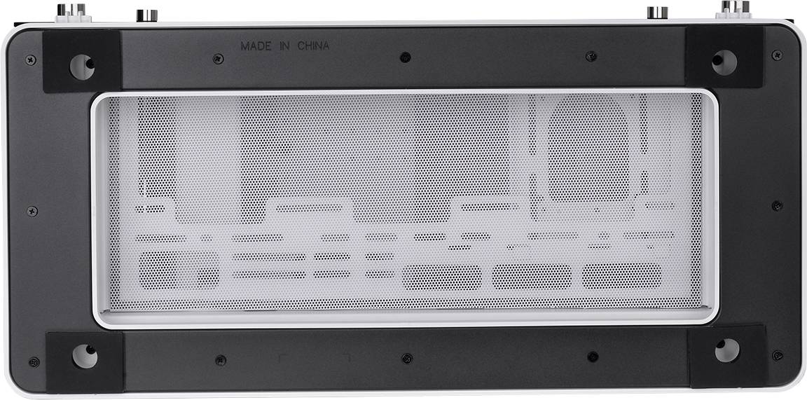 Schwarzer rechteckiger Rahmen mit Lochblechgitter und der Aufschrift 'MADE IN CHINA' oben links.