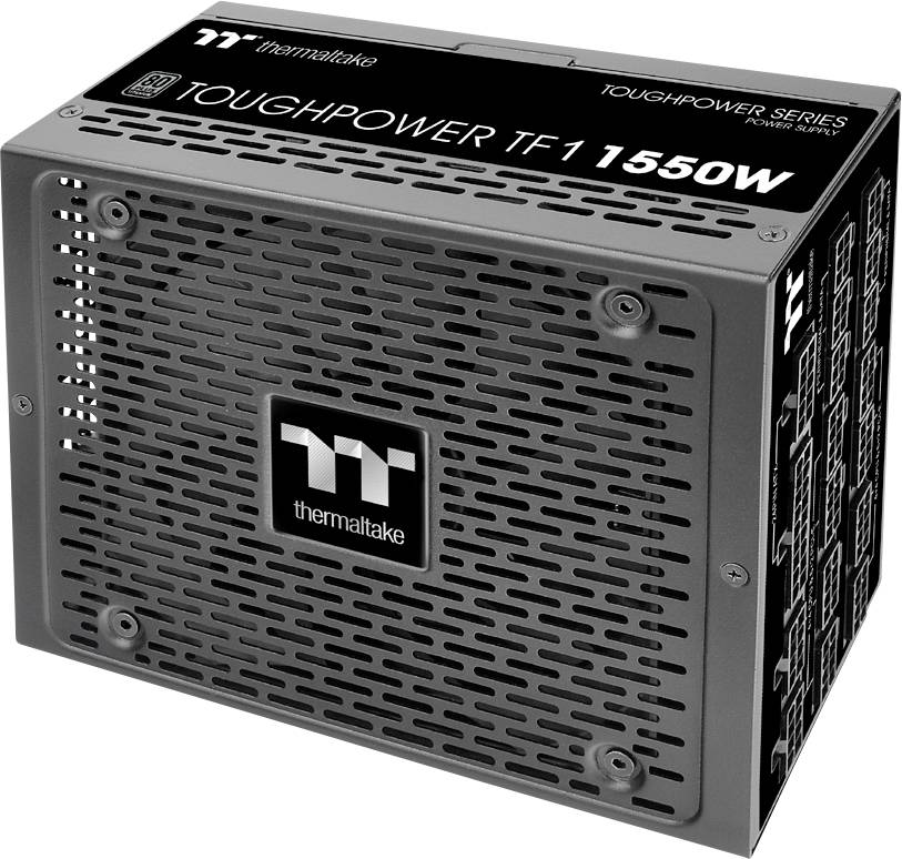 Gehäuse eines Hochleistungs-PC-Netzteils mit der Aufschrift 'Toughpower TF1 1550W' in Schwarz und Grau. 