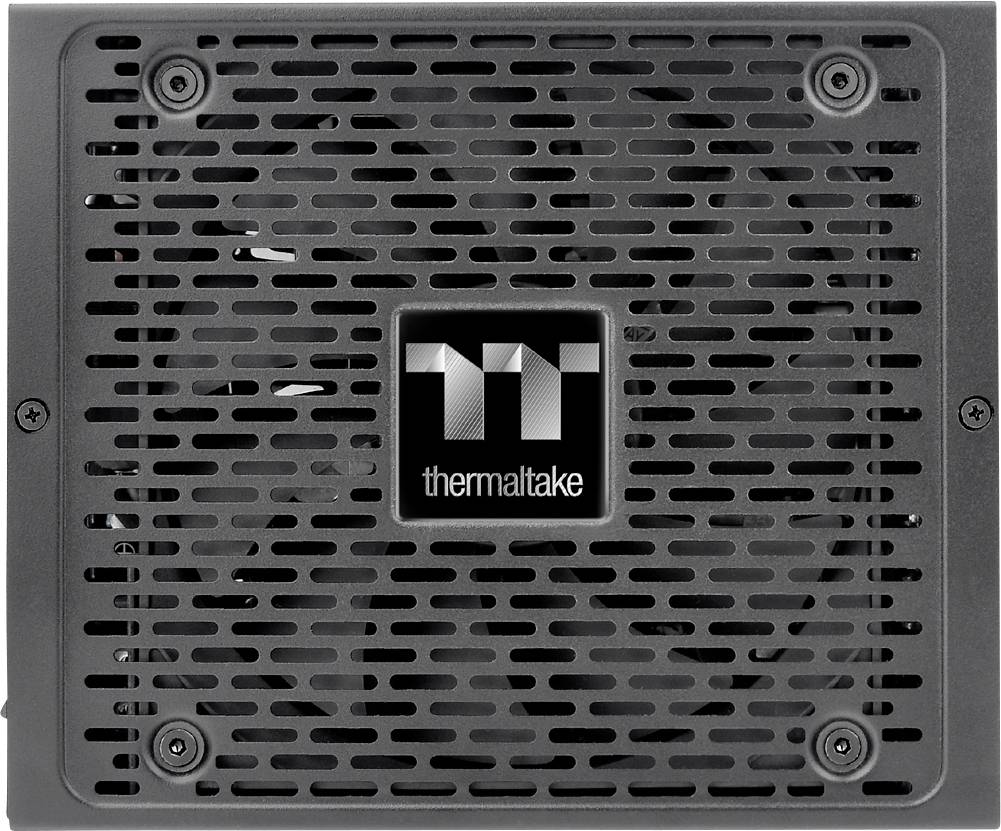 Ein Computernetzteil mit Lüftergitter und 'thermaltake'-Logo in der Mitte.