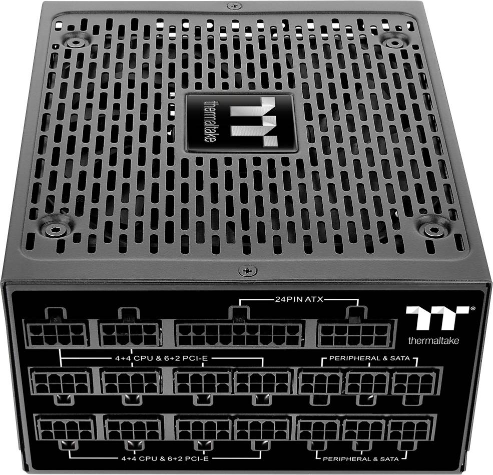 Schwarzes, rechteckiges PC-Netzteil von Thermaltake mit mehreren Anschlüssen für ATX, PCI-E und SATA-Verbindungen.