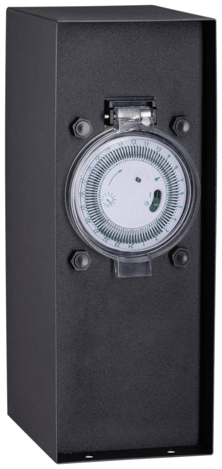 Ein schwarzer mechanischer Timer mit Zifferblatt auf einer rechteckigen Box.