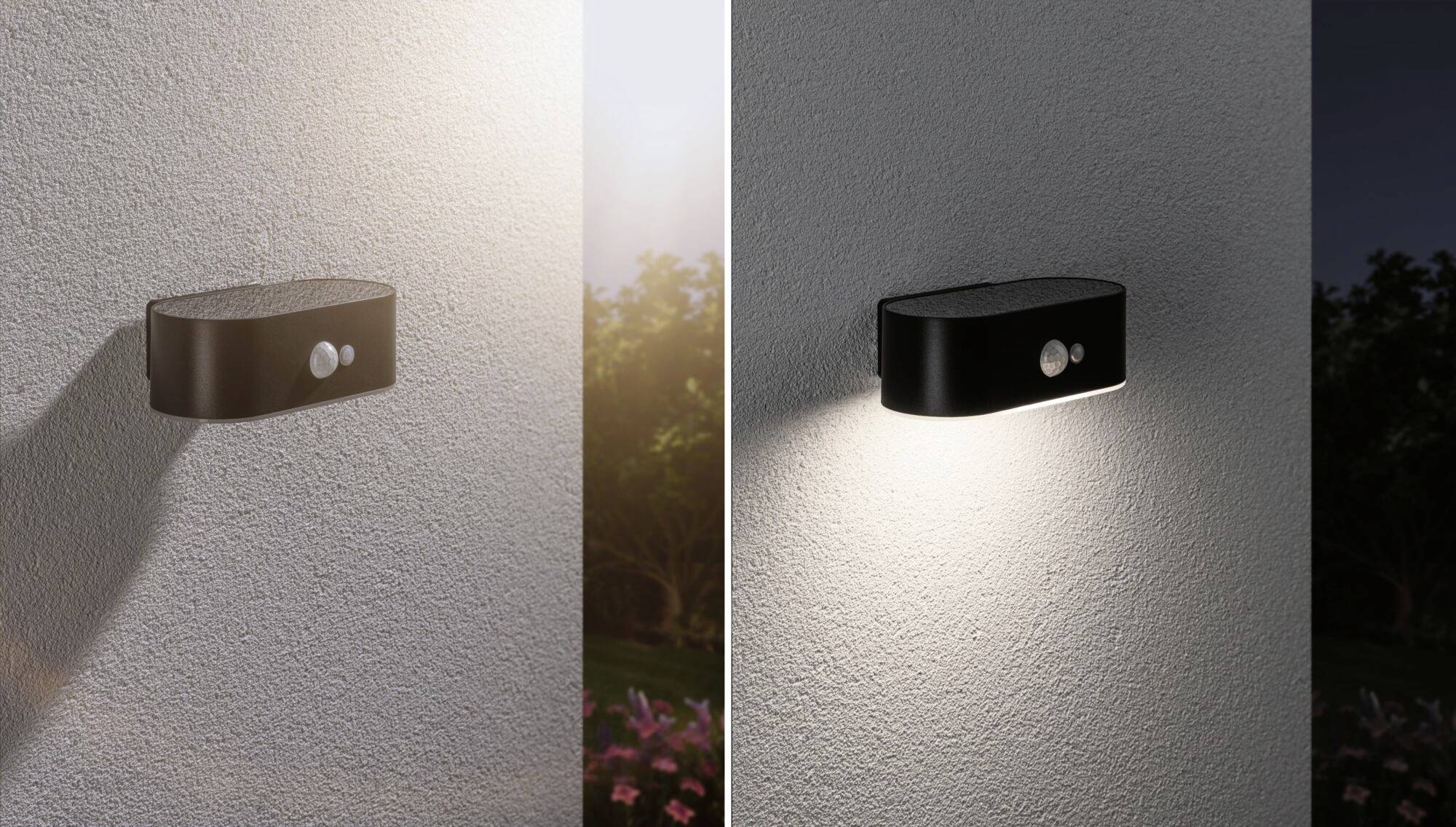 Linke Bildhälfte zeigt eine runde, braune Außenlampe an einer Wand bei Tag. Rechte Bildhälfte zeigt dieselbe Lampe in Schwarz bei Nacht, eingeschaltet.