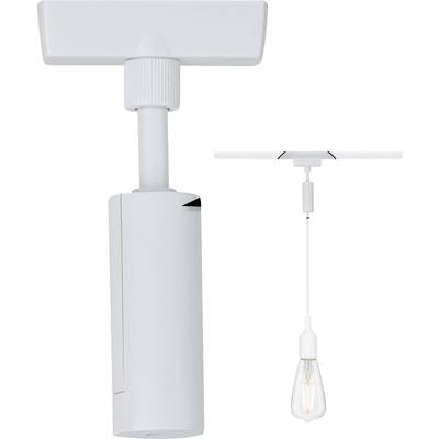 Zwei weiße Lampenadapter, einer vertikal mit Lampenhalterung, der zweite zeigt eine Lampe, die von einer Schiene hängt.