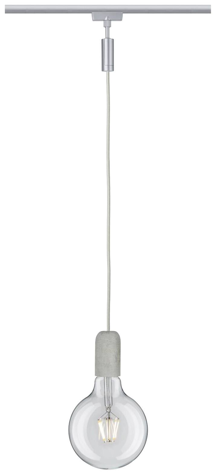 Elektrische Deckenleuchte mit sichtbarer Glühbirne und grauem Zementfassung, aufgehängt an einem Kabel von einer Metallstange.