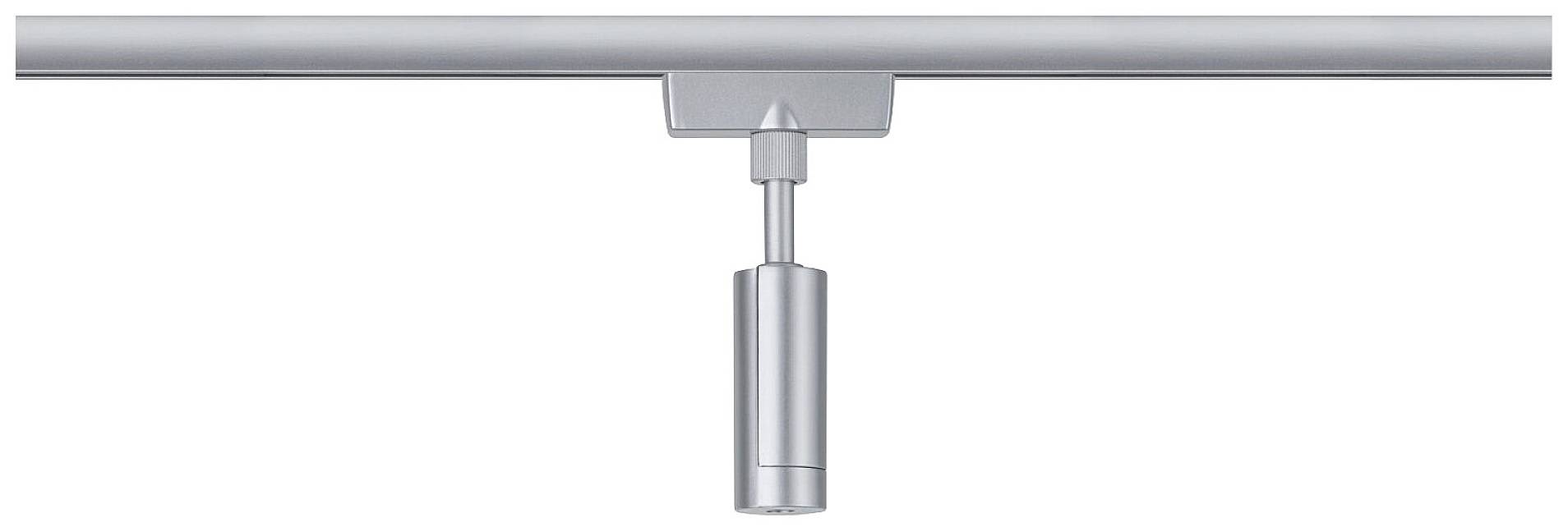 Silberfarbene Deckenleuchte mit zylindrischem Lampenkörper, montiert an einer geraden Metallstange. Ideal für moderne Innenräume.