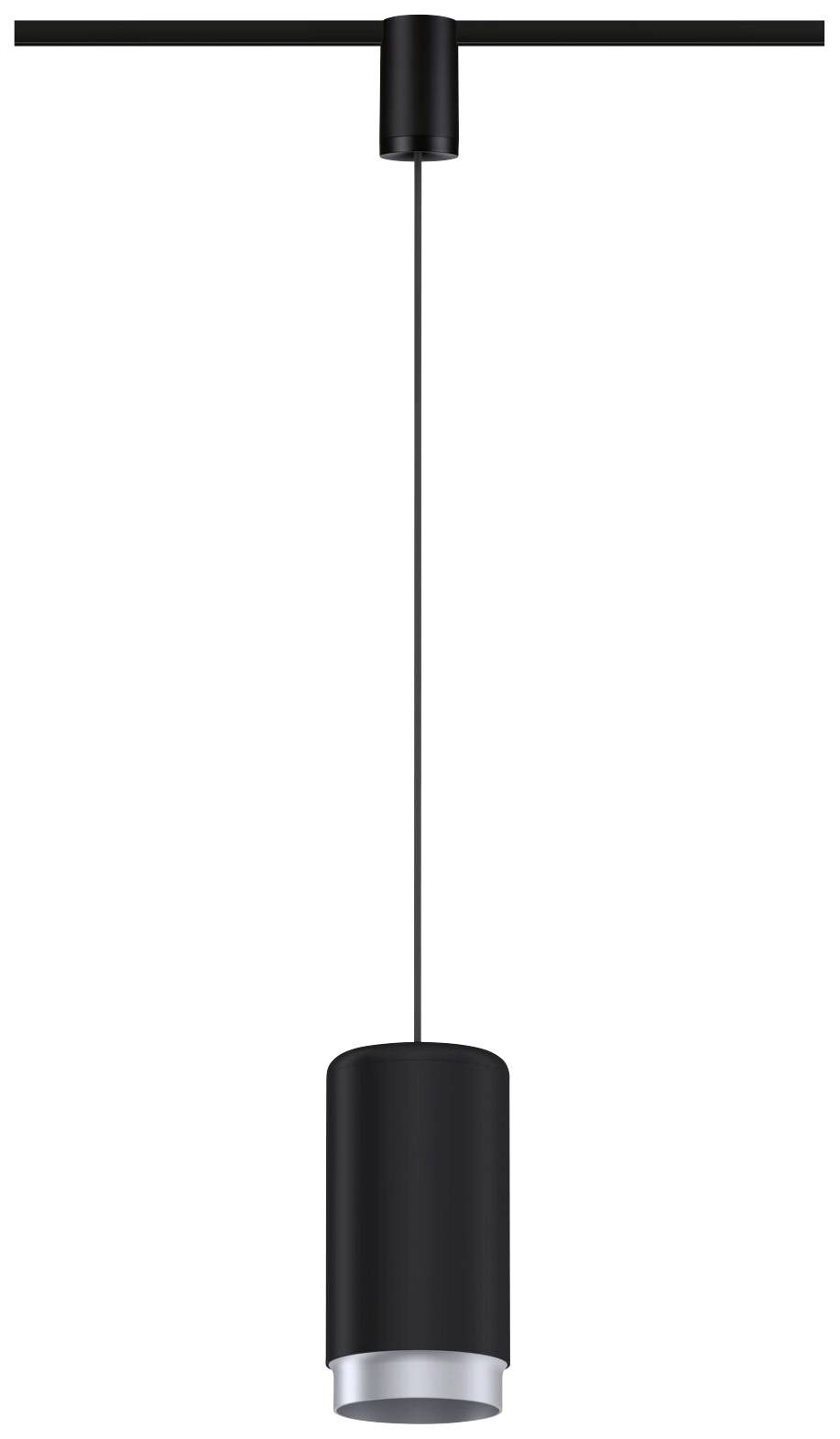 Eine schwarze, zylindrische Pendelleuchte hängt von einer Schiene an der Decke.
