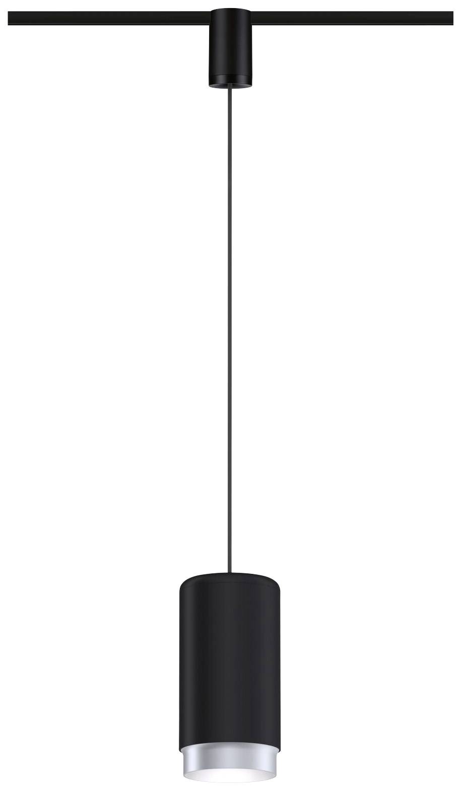 Eine schwarze Pendelleuchte mit zylindrischem Lampenschirm hängt an einem dünnen Kabel von einer Schiene.