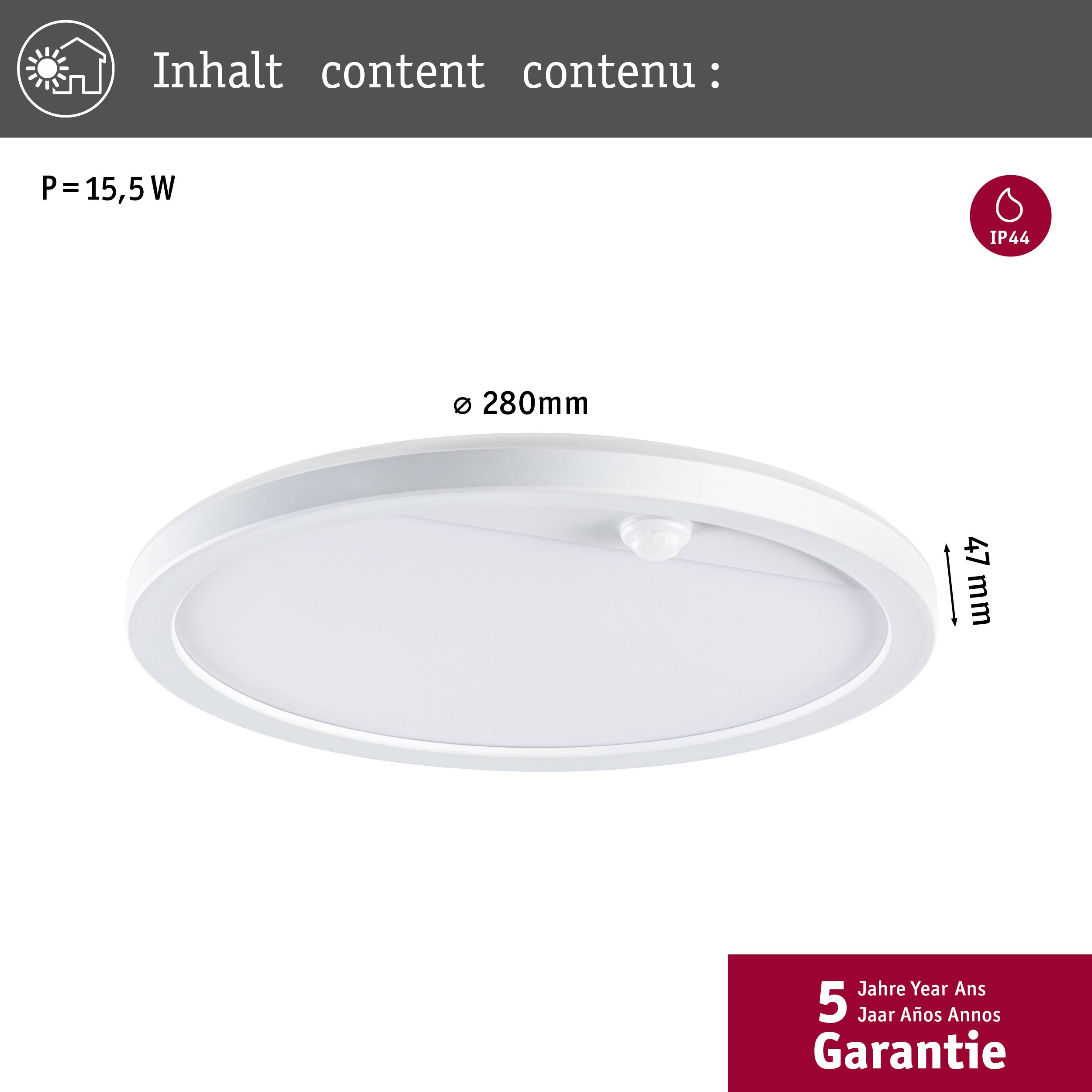 Eine runde LED-Deckenleuchte, 280 mm Durchmesser, 47 mm Höhe, 15,5 W Leistung, IP44-Schutz, 5 Jahre Garantie.