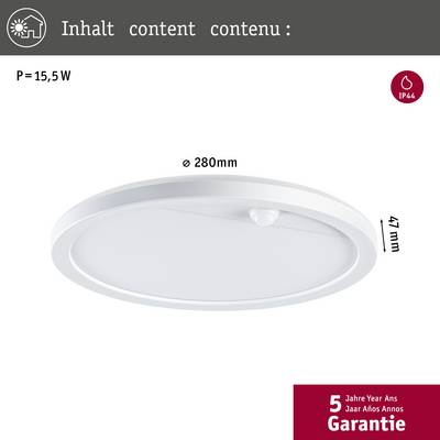 Eine runde LED-Deckenleuchte, 280 mm Durchmesser, 47 mm Höhe, 15,5 W Leistung, IP44-Schutz, 5 Jahre Garantie.