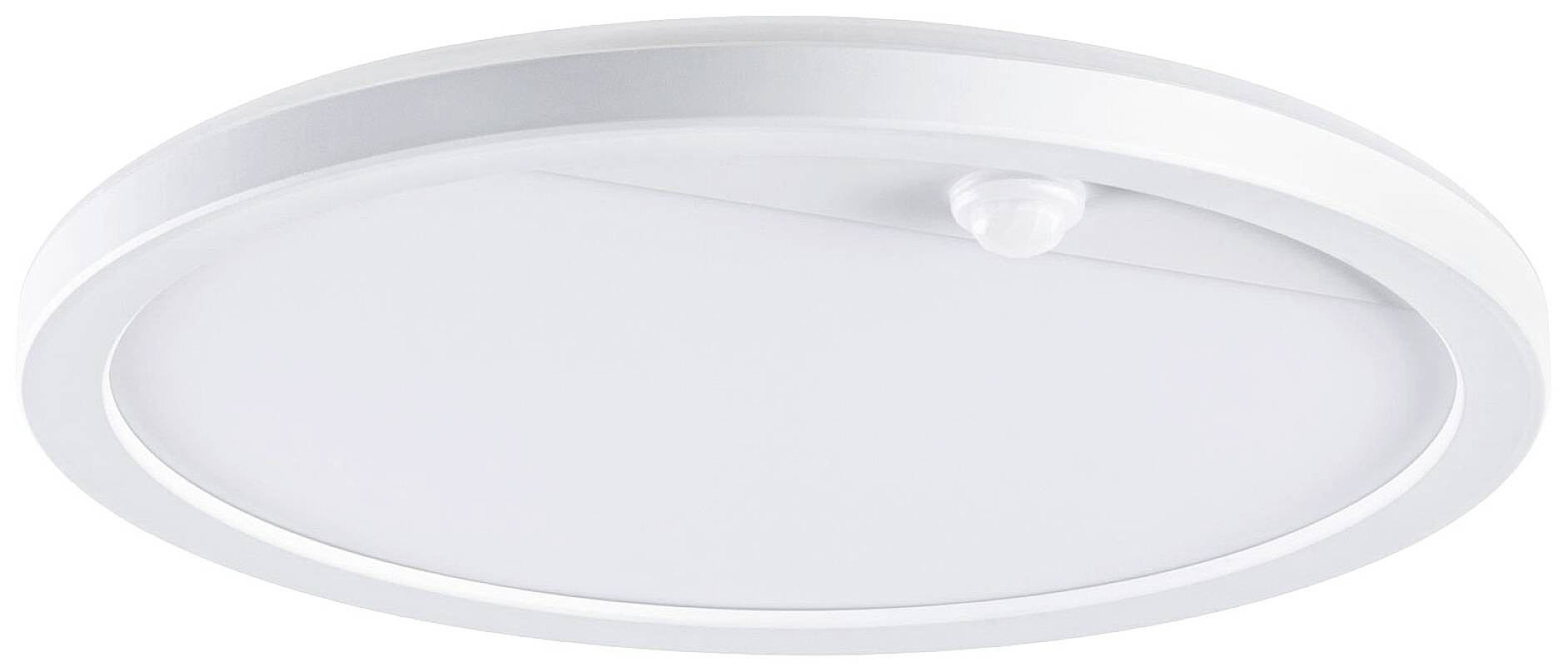 Eine runde, flache Deckenlampe mit einem Bewegungssensor an der Seite, ideal für Innenräume mit moderner Beleuchtung.