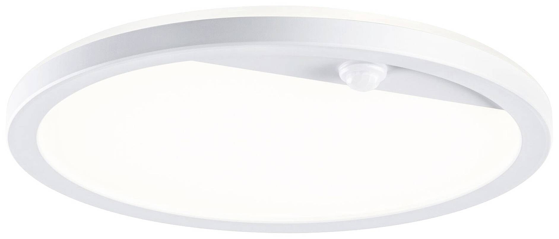 Weiße, runde LED-Deckenleuchte mit Bewegungssensor. Geeignet für moderne Innenräume.