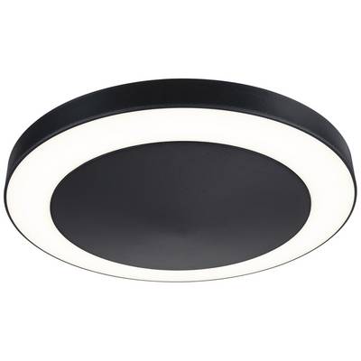 Schwarze, runde Deckenleuchte mit leuchtendem LED-Ring am Rand.
