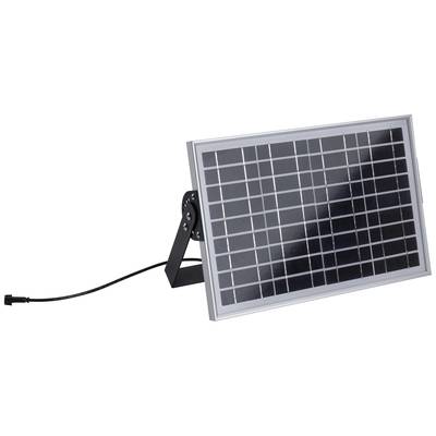 Ein kleiner rechteckiger Solarpanel mit Metallrahmen auf einem Ständer, verbunden mit einem schwarzen Kabel.