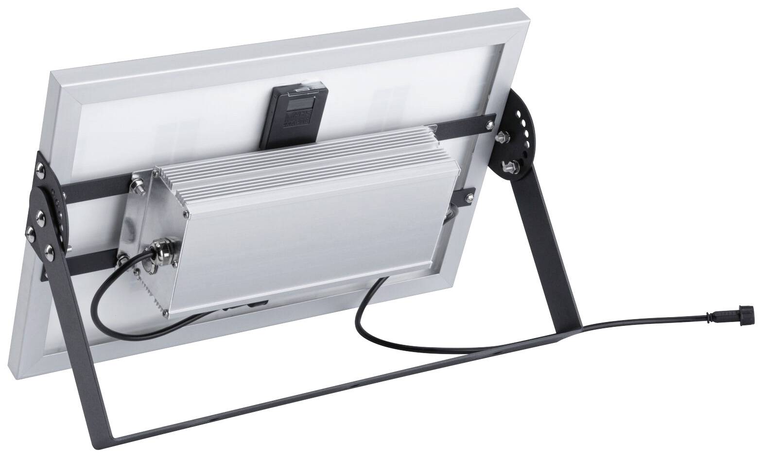 Rückansicht eines LED-Panels mit Metallrahmen und befestigtem Steuergerät. Zwei Standbeine und ein Stromkabel sind sichtbar.