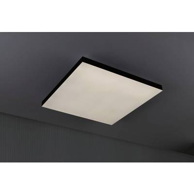 Quadratische Deckenleuchte mit schwarzem Rahmen strahlt weißes Licht aus. Sie ist an einer grauen Decke montiert.