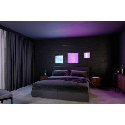 Schlafzimmer mit einem grauen Bett, dunklen Wänden und farbigen Lichtern in Blau und Rosa über dem Bett, wirkt modern und stimmungsvoll.