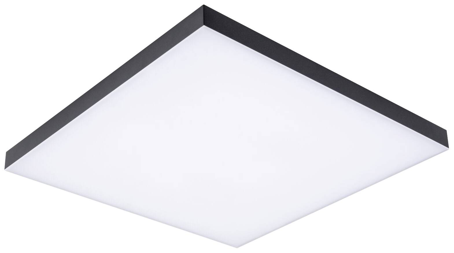Quadratische LED-Deckenleuchte mit schwarzem Rahmen und weißer Leuchtfläche. Moderne Optik, gleichmäßige Beleuchtung.