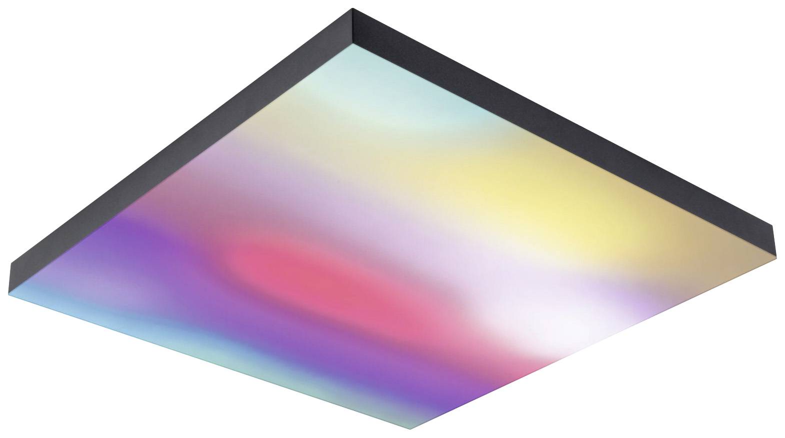 Eine moderne, quadratische Deckenleuchte mit einem Farbverlauf von Blau, Rot, Lila zu Gelb, verbreitet ein diffuses Licht.