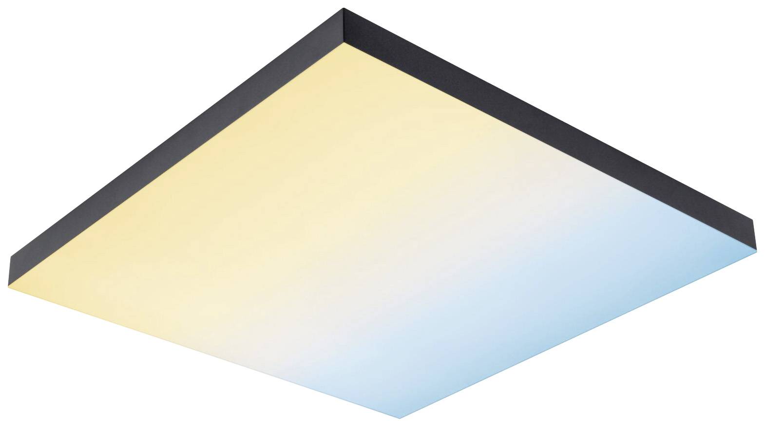 Rechteckige LED-Deckenleuchte mit Farbverlauf von warmem Gelb zu kühlem Blau, montiert an einer dunklen Halterung.