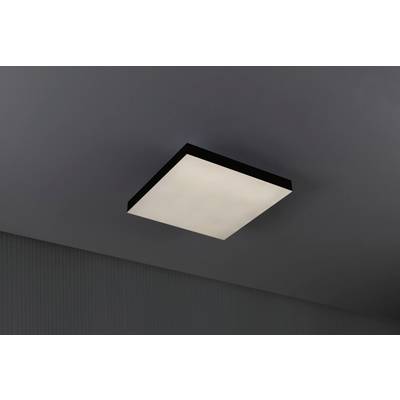 Eine rechteckige Deckenleuchte mit schlichtem, modernem Design an einer grauen Decke montiert, verbreitet diffuses Licht.
