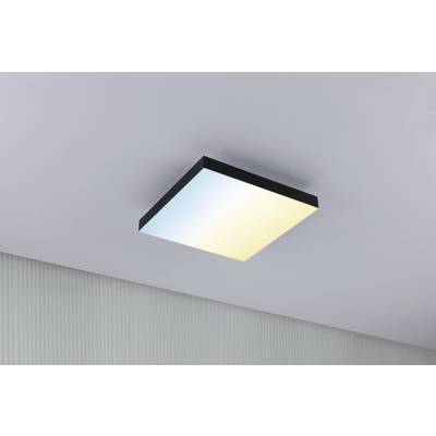Quadratische Deckenleuchte mit zweifarbigem Licht, das von blau zu gelb wechselt, an einer weißen Decke montiert.