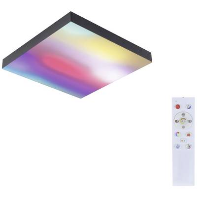 Deckenleuchte mit variierendem Farbspiel, gesteuert durch eine Fernbedienung mit verschiedenen Tasten zur Lichtmodifikation.