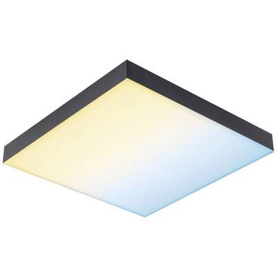 Rechteckige Deckenleuchte mit schwarz-weißem Rahmen und sanftem Farbverlauf von warmweiß zu kaltweißem Licht.