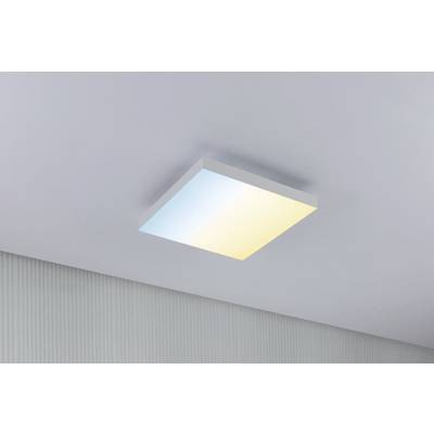 Quadratische Deckenleuchte mit zweifarbigem Licht, Blau und Gelb, in modernem Raum montiert.