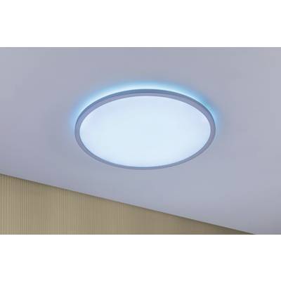 Eine runde Deckenleuchte strahlt blaues und weißes Licht aus und ist an einer weißen Decke montiert.