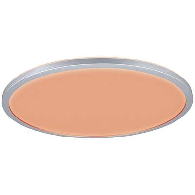 Runde, orange leuchtende Deckenleuchte mit silbernem Rand.