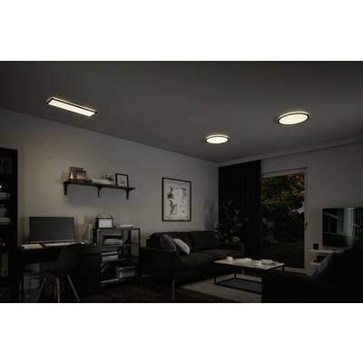 Ein modernes Wohnzimmer mit Sofas, Couchtisch, Regal und Schreibtisch. Drei Deckenlampen sorgen für warmes Licht, Fenster mit Blick ins Grüne.