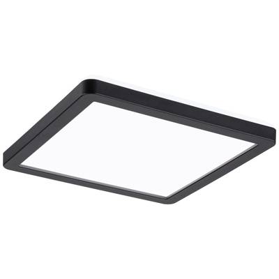 Eine quadratische, schwarze Deckenleuchte mit flachem Design und einem leuchtenden, weißen Paneel in der Mitte.