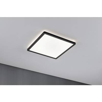Quadratische Deckenleuchte mit schwarzem Rahmen, montiert auf einer grauen Decke. Leuchtet hell, betont minimalistisches Design.