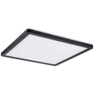 Eine quadratische, flache Deckenlampe mit schwarzem Rahmen und weißer Leuchtfläche an der Unterseite montiert.