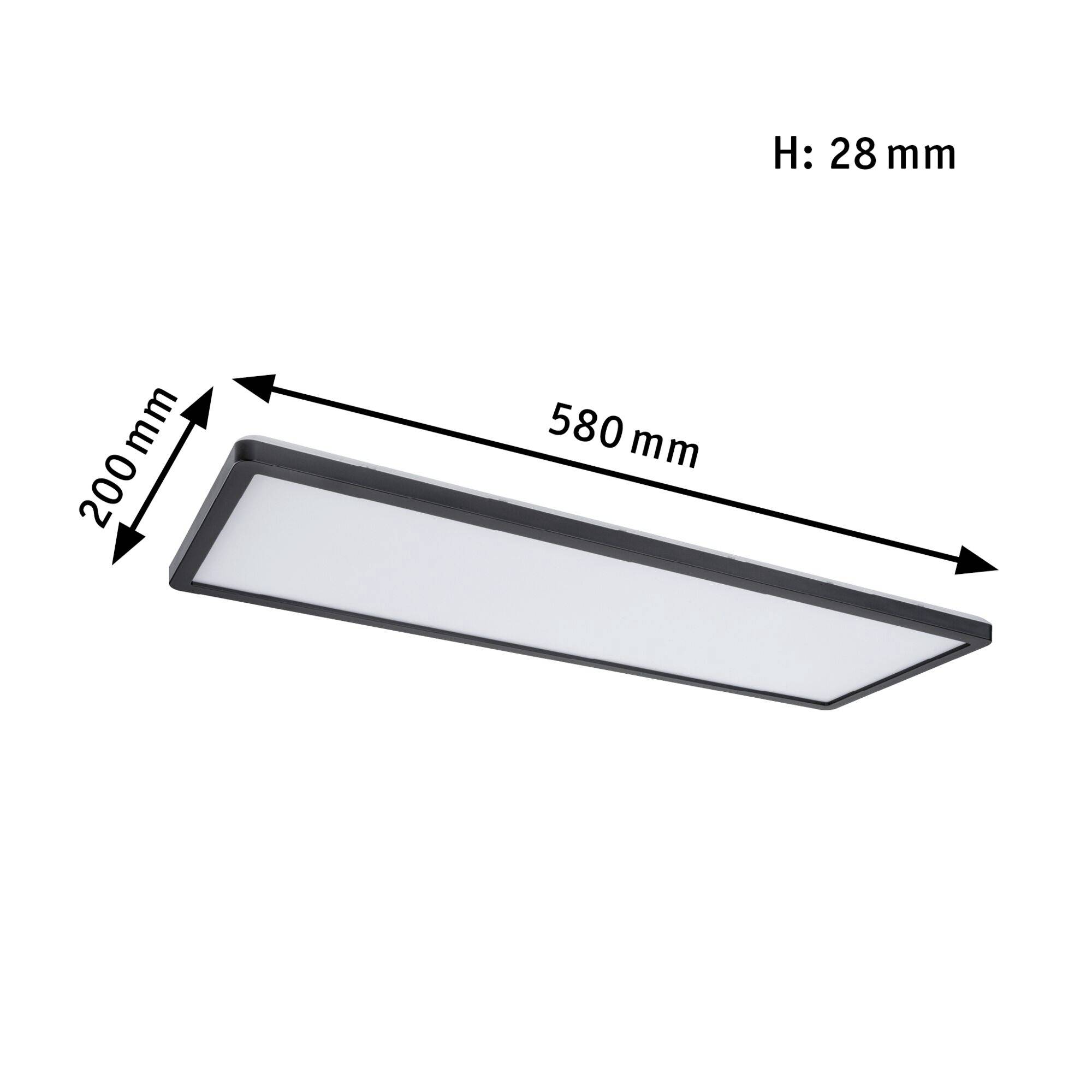 Rechteckige Deckenleuchte, Maße: 580 mm x 200 mm x 28 mm. Schwarzer Rahmen mit weißem Diffusor.
