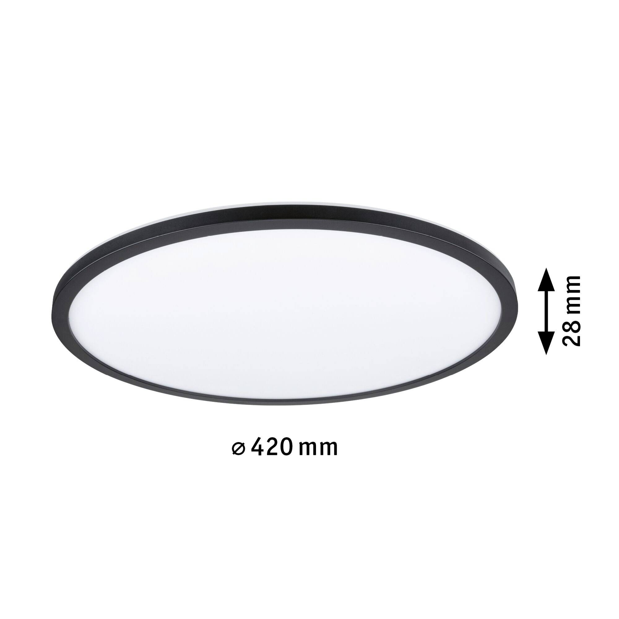 Runde LED-Deckenleuchte mit schwarzem Rahmen, Durchmesser 420 mm, Höhe 28 mm.