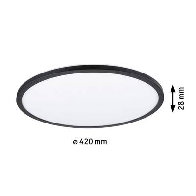 Runde LED-Deckenleuchte mit schwarzem Rahmen, Durchmesser 420 mm, Höhe 28 mm.