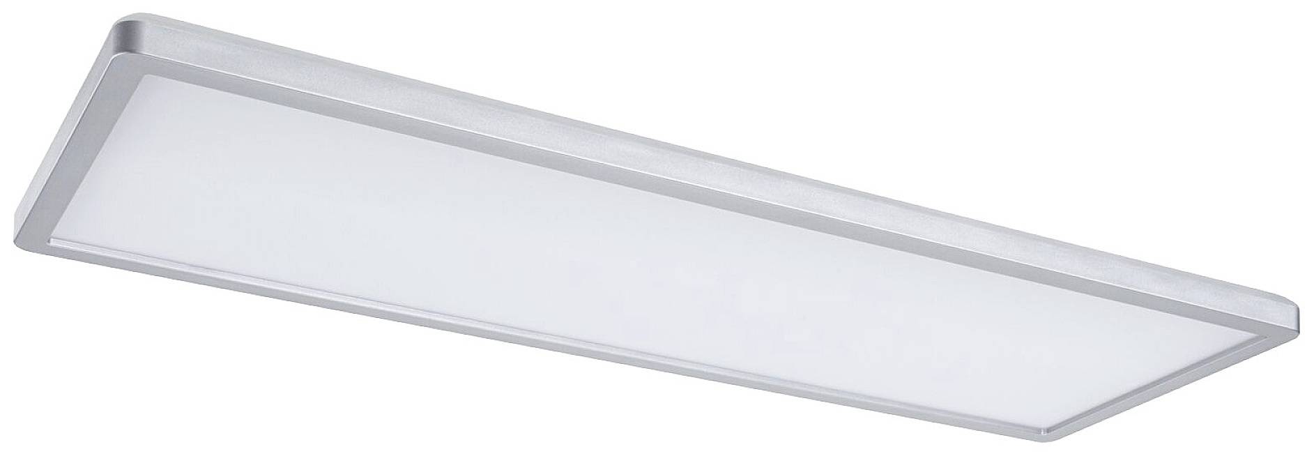 Ein rechteckiges LED-Deckenpanel in einem schlanken Metallrahmen. Es strahlt gleichmäßiges, helles Licht für Innenräume aus.