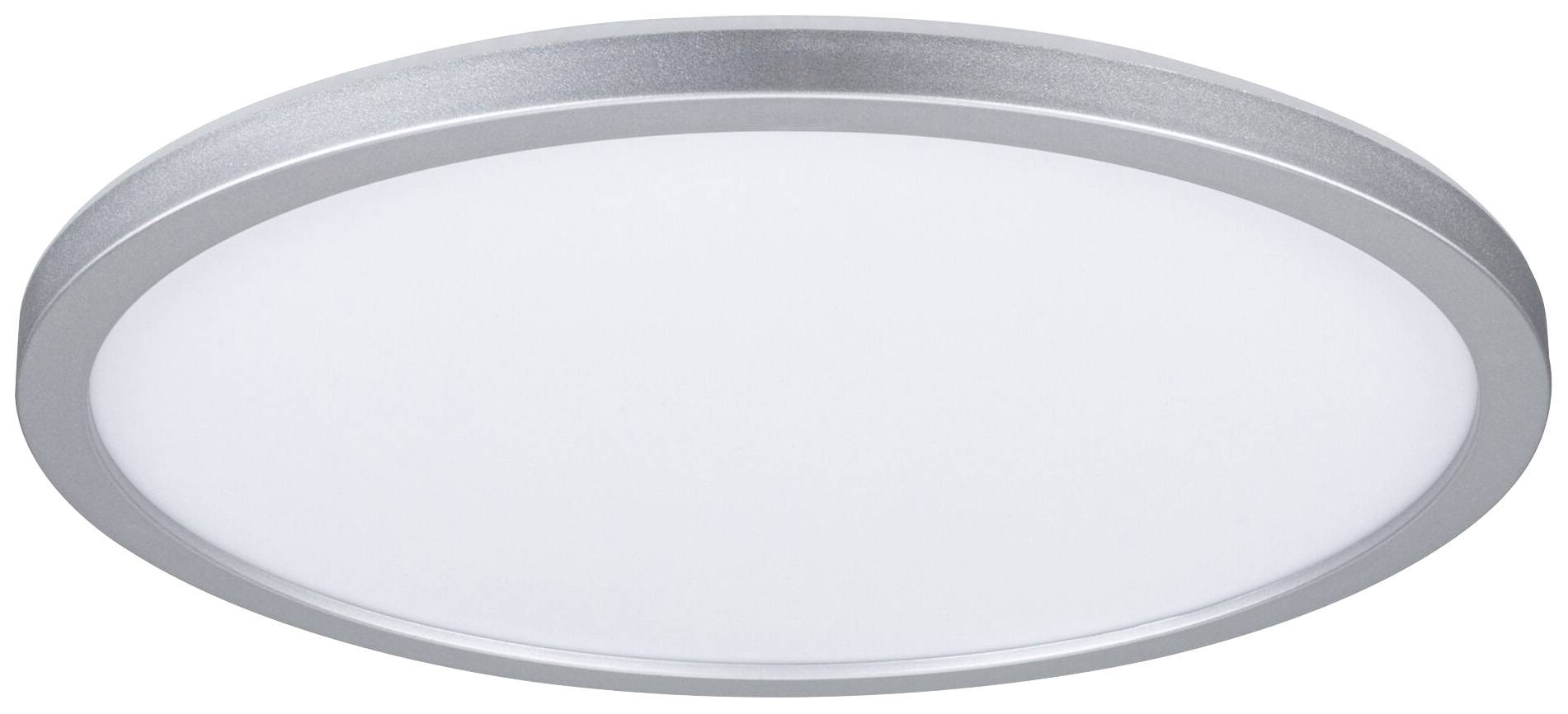 Runde, flache Deckenleuchte mit silbernem Rahmen und weißem Diffusor, ideal für moderne Innenräume.