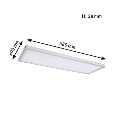 Rechteckige Deckenleuchte mit den Maßen 580 mm Länge, 200 mm Breite und 28 mm Höhe.