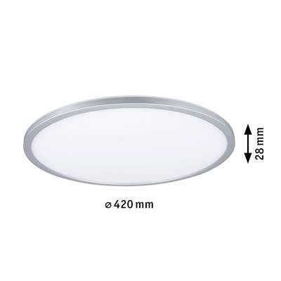 Runde LED-Deckenleuchte mit silbernem Rahmen, Durchmesser 420 mm, Höhe 28 mm, zeigt Dimensionen an. Geeignet für moderne Räume.