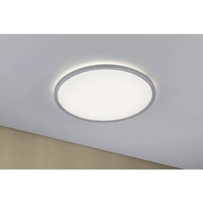 Runde, moderne Deckenleuchte mit einem schlichten, weißen Design, die gleichmäßig auf eine helle Decke leuchtet.