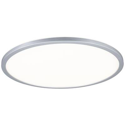 Deckenleuchte mit flachem, runden Design und silbernem Rahmen. Sie strahlt gleichmäßiges, weiches Licht aus und eignet sich für moderne Innenräume.