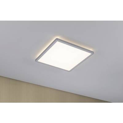 Eine quadratische Deckenlampe mit sanft leuchtendem weißem Licht, montiert an einer weißen Decke, beleuchtet einen Raum.