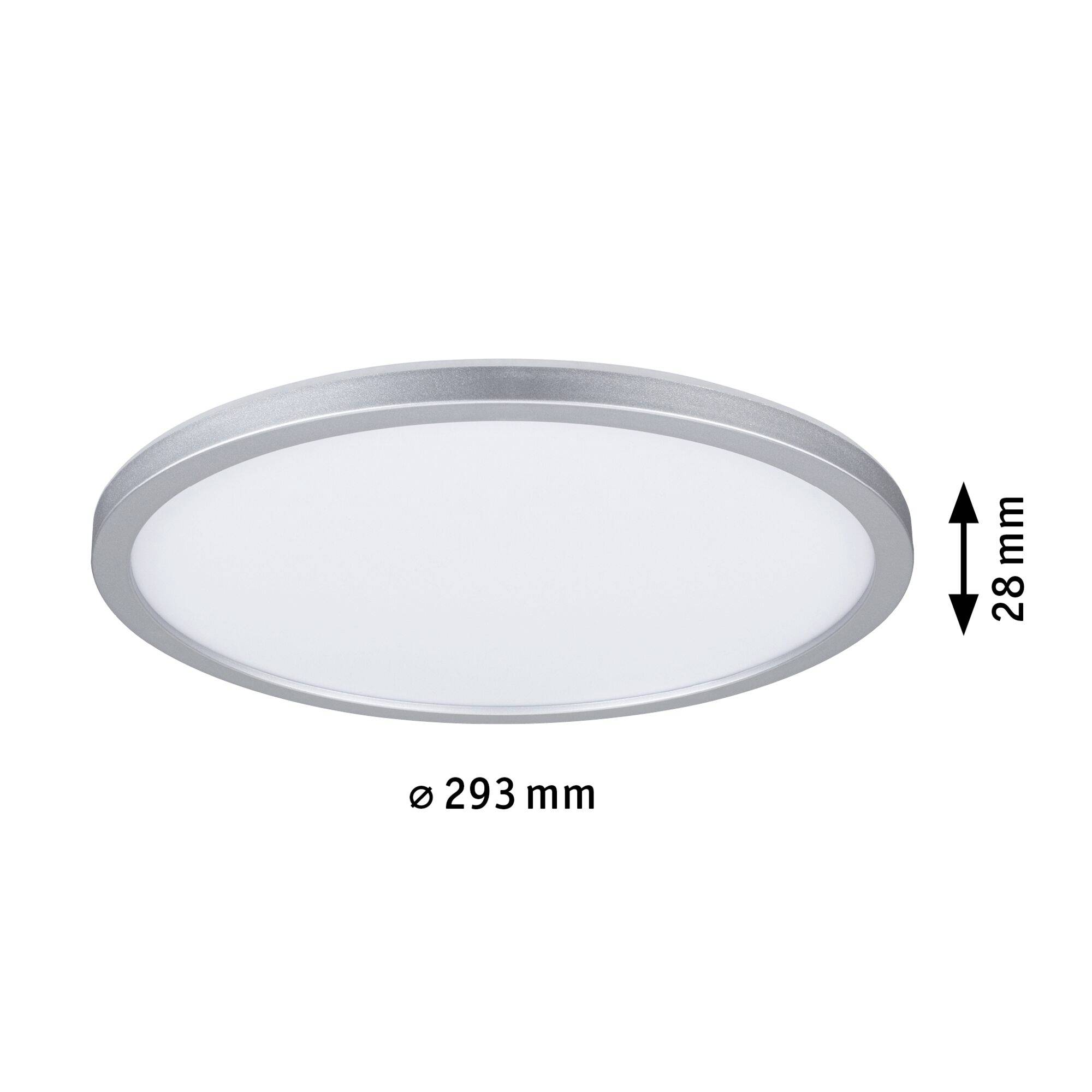 Runde LED-Deckenleuchte mit 293 mm Durchmesser und 28 mm Höhe, silberner Rand.