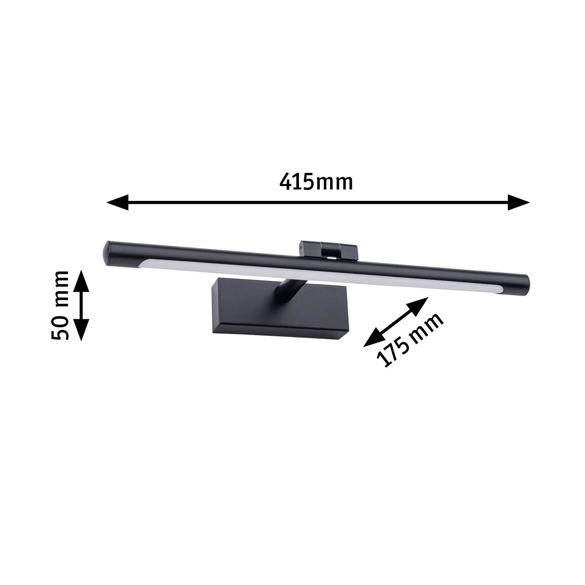 Schwarz-matte LED-Leuchte für Badezimmer mit Maße: Breite 415 mm, Höhe 50 mm, Abstand zur Wand 175 mm. Geeignet für Wandmontage.