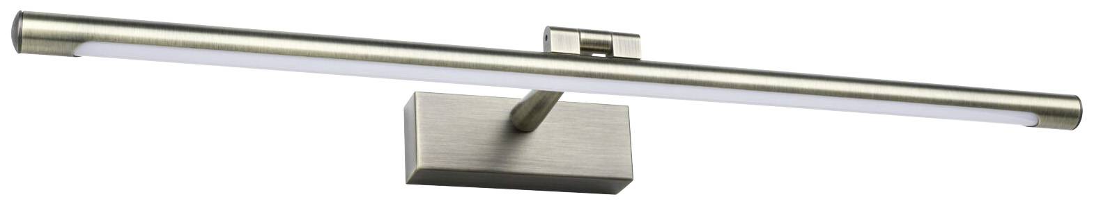 Eine schlichte, moderne Wandleuchte aus gebürstetem Metall mit länglichem Leuchtkörper, geeignet für Bilderbeleuchtung.
