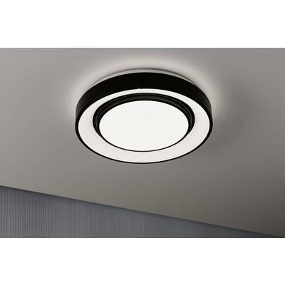 Runde, moderne Deckenlampe mit schwarzem Rahmen und hellem Licht, an einer weißen Decke montiert.