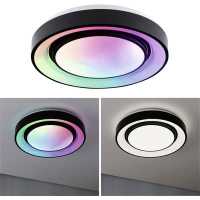 Runde LED-Deckenleuchte mit Farbwechsel. Oben: Leuchte zeigt bunte Farben. Unten: Leuchte in Weiß, ausgeschaltet auf dunklem Hintergrund.